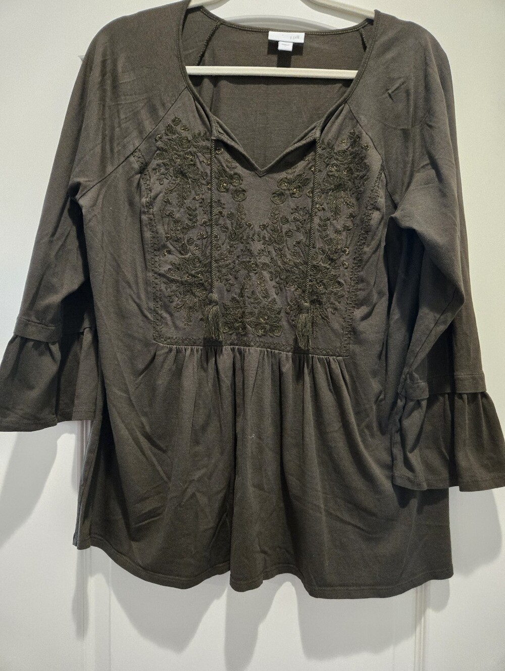 Women’s Olive Green Embroidered Peasant Top - J Jill, Size Large